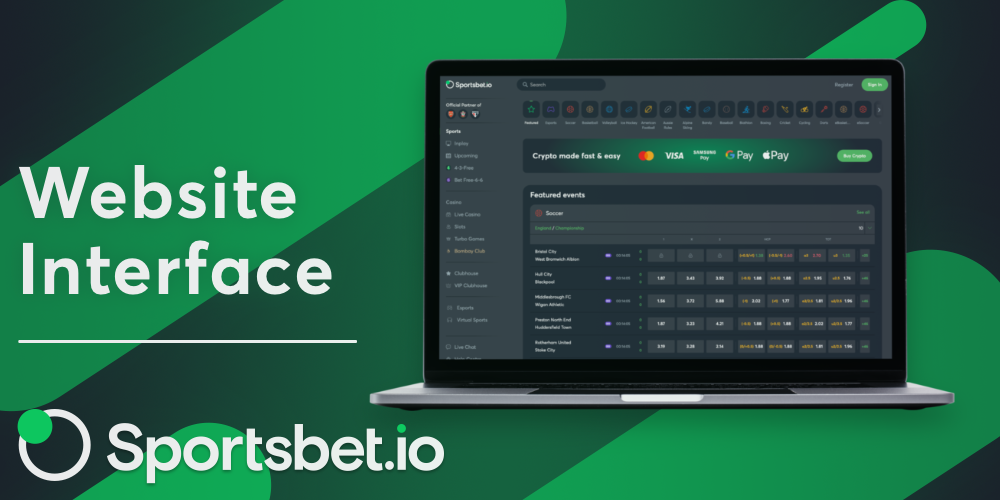 The interface of the official site Sportsbet io is designed in a minimalist style and has dark colors
