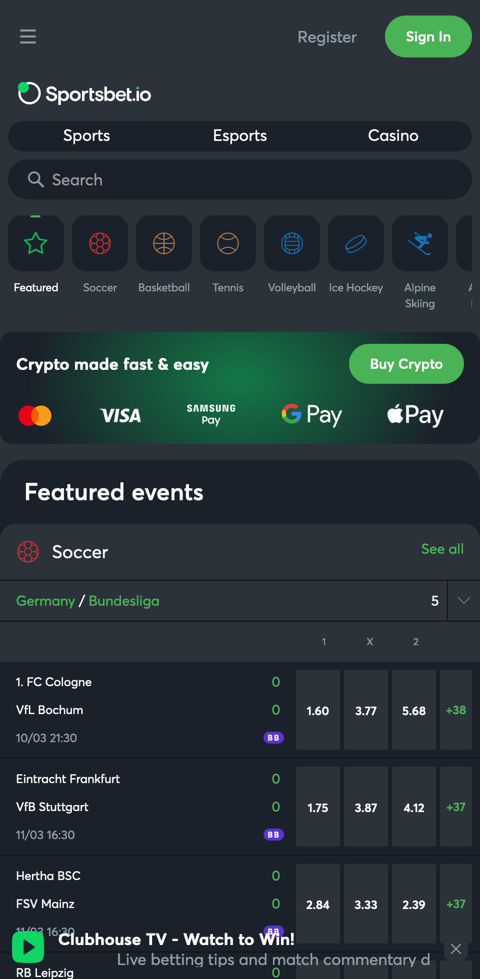 The start page of the Sportsbet app displays top events, popular matches and interesting games