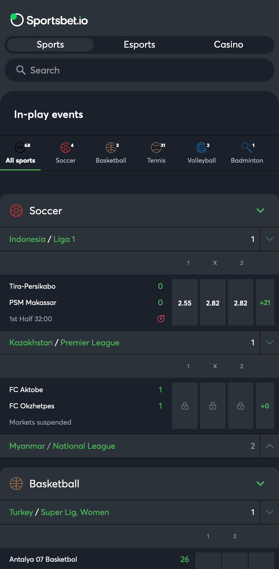 The Sportsbetio app features a fairly broad sportsbook with dozens of sports