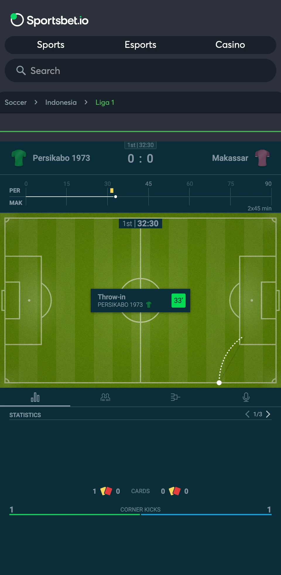 Sportsbetio ऐप उपयोगकर्ता को मैच के विस्तृत आँकड़े प्रदान करता है